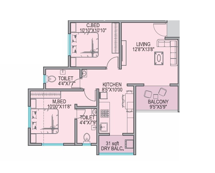 Floor plan of 2 BHK 700 Sq. Ft. Apartment in Gurukrupa Primerose, Pune