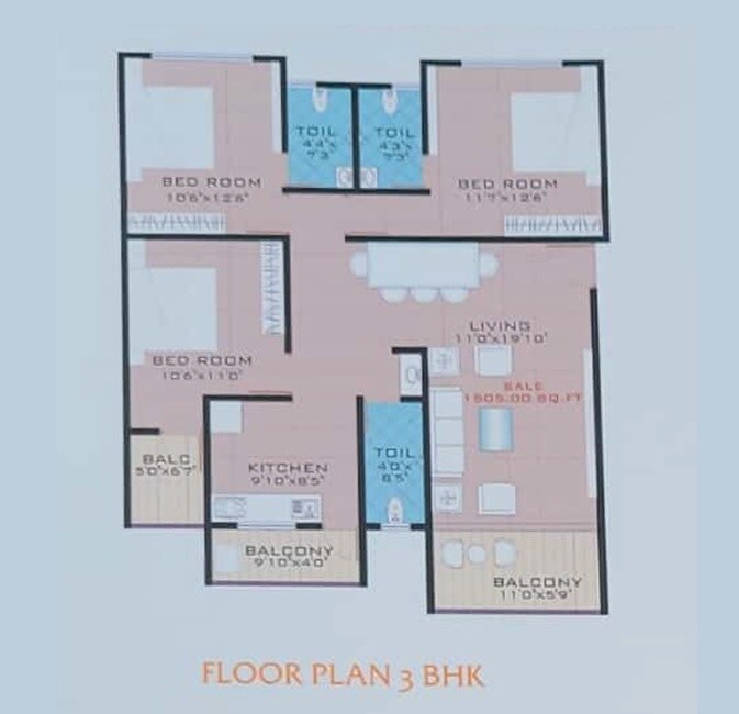 Floor plan of 3 BHK 1111 Sq. Ft. Apartment in Gurukrupa Radhika CHS, Pune