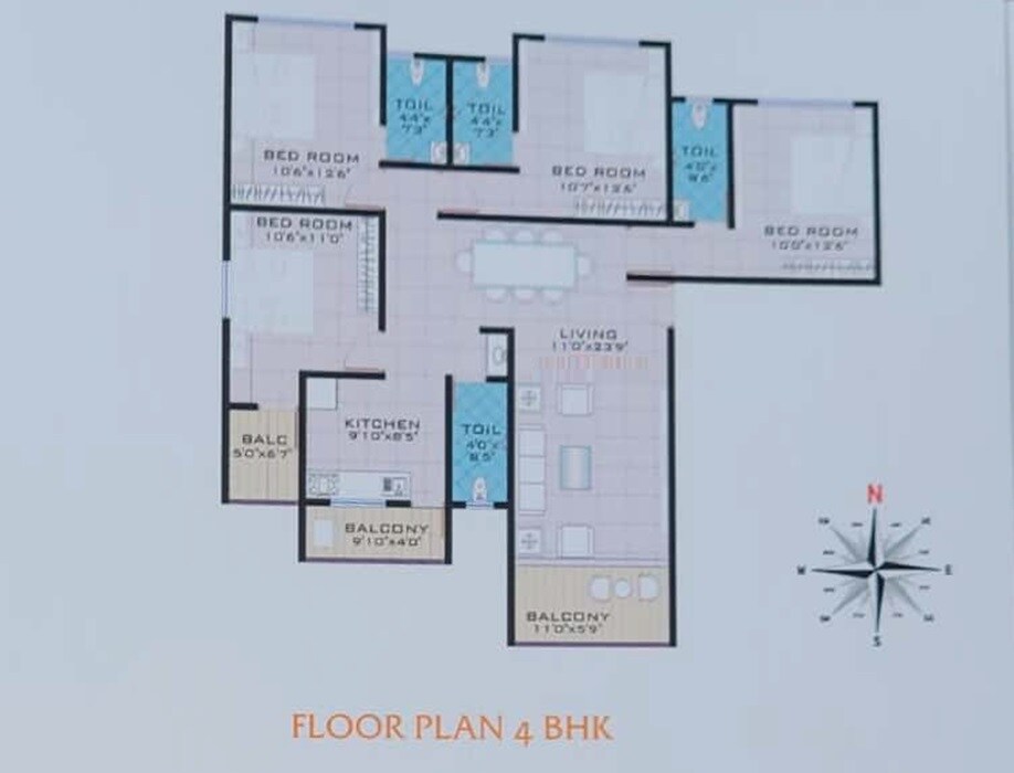 Floor plan of 4 BHK 1337 Sq. Ft. Apartment in Gurukrupa Radhika CHS, Pune