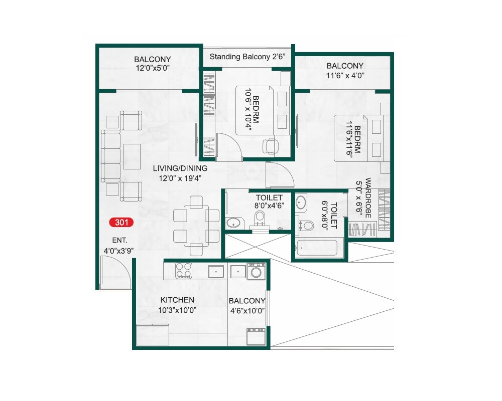 2 BHK 1000 Sq. Ft. Apartment
