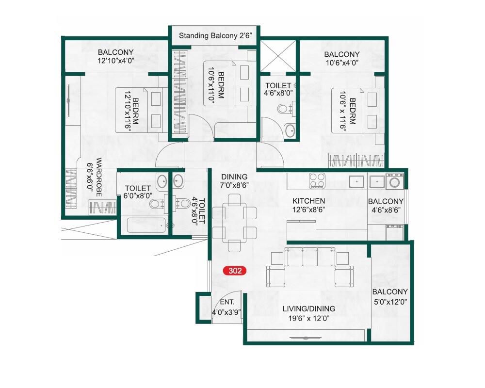Floor plan of 3 BHK Apartment - 1260 sq. ft. in GVMG Mountain jewel, Pune
