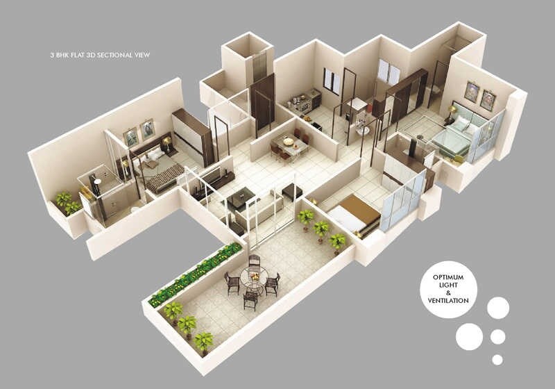 Floor plan of 3 BHK 1974 Sq. Ft. Apartment in Happy Nest 9 Ramnagar, Pune