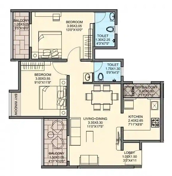 Floor plan of 2 BHK 765 Sq. Ft. Apartment in Hapse Park West, Pune