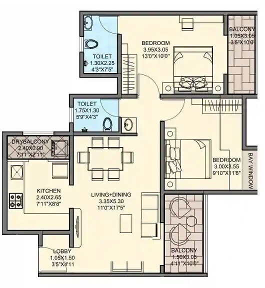Floor plan of 2 BHK 799 Sq. Ft. Apartment in Hapse Park West, Pune
