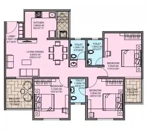Floor plan of 3 BHK 1010 Sq. Ft. Apartment in Hapse Park West, Pune