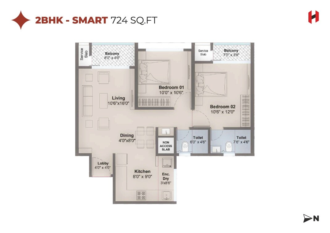 Floor plan of 2 BHK 724 Sq. Ft. Apartment in Harico Divaam, Pune