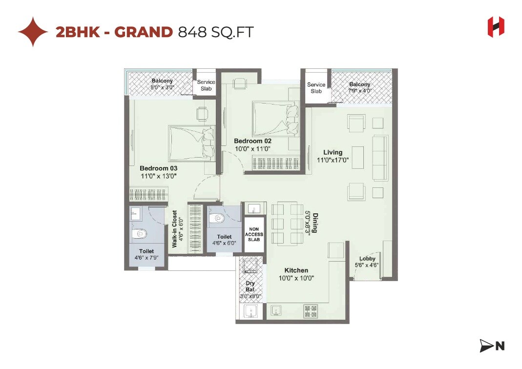 Floor plan of 2 BHK 848 Sq. Ft. Apartment in Harico Divaam, Pune
