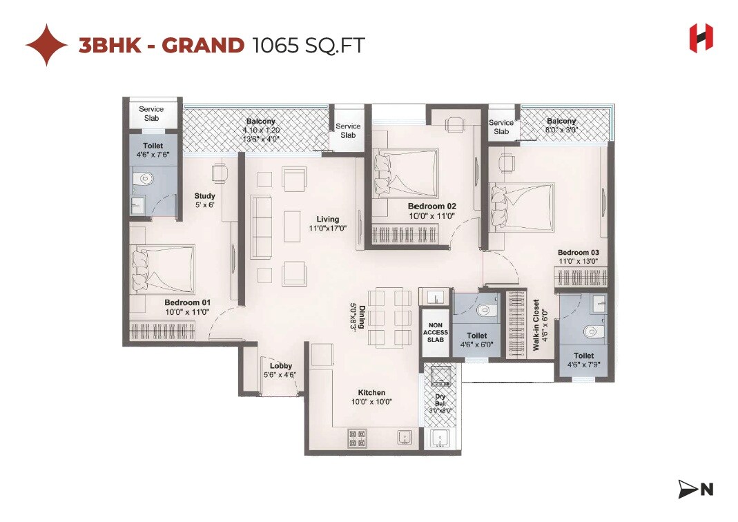 Floor plan of 3 BHK 1065 Sq. Ft. Apartment in Harico Divaam, Pune