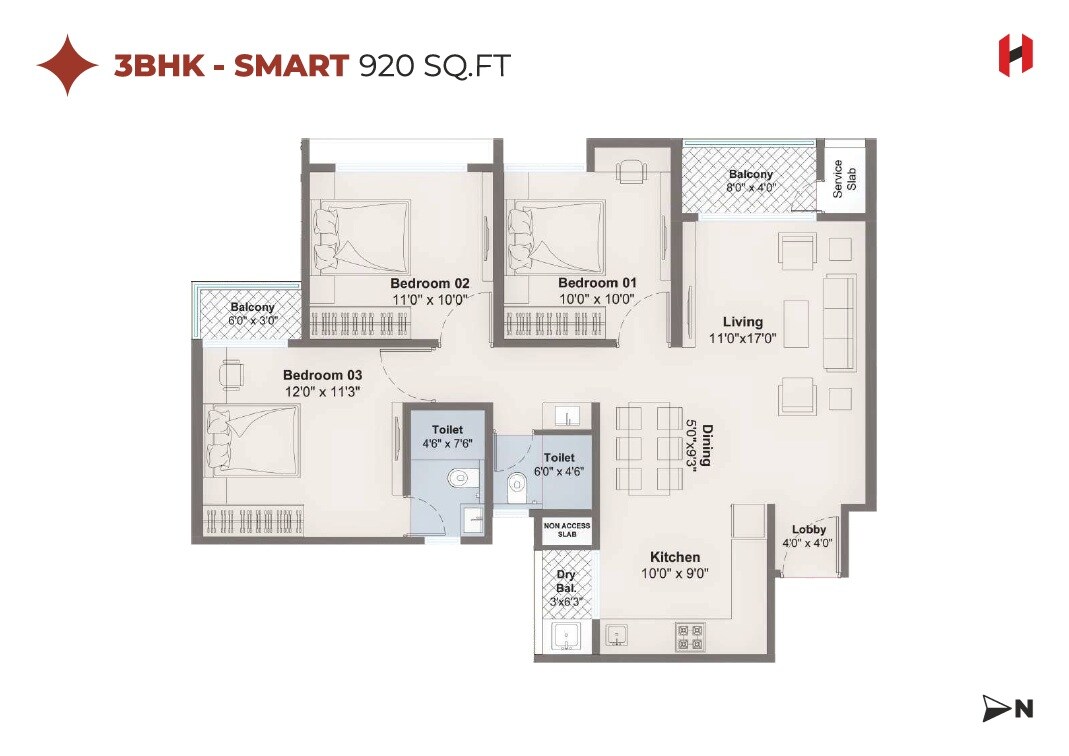 Floor plan of 3 BHK 920 Sq. Ft. Apartment in Harico Divaam, Pune