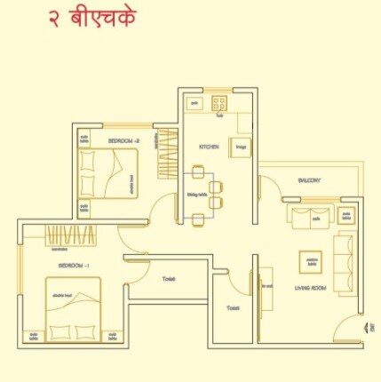 Floor plan of 2 BHK 580 Sq. Ft. Apartment in Harikrupa Sai Village, Pune