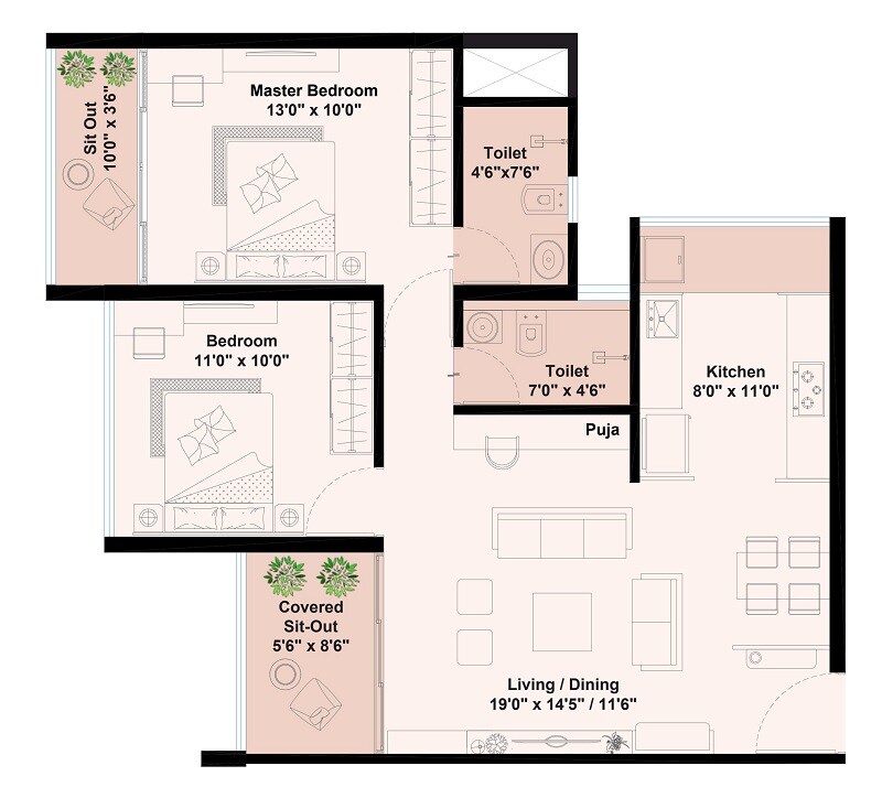 Floor plan of 2 BHK 856 Sq. Ft. Apartment in Harivishva Infinia, Pune