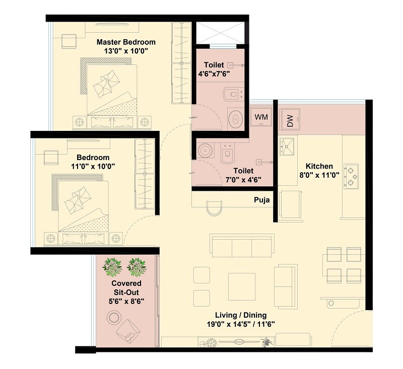 Floor plan of 2 BHK 822 Sq. Ft. Apartment in Harivishva Infinia, Pune
