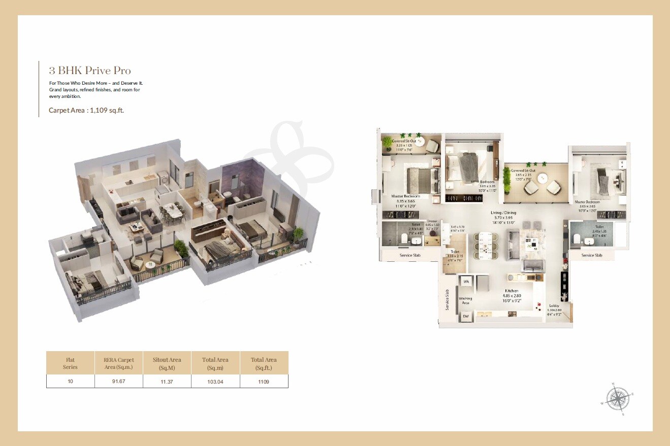 Floor plan of 3 BHK 1109 Sq. Ft. Apartment in Harivishva Skyfinia, Pune