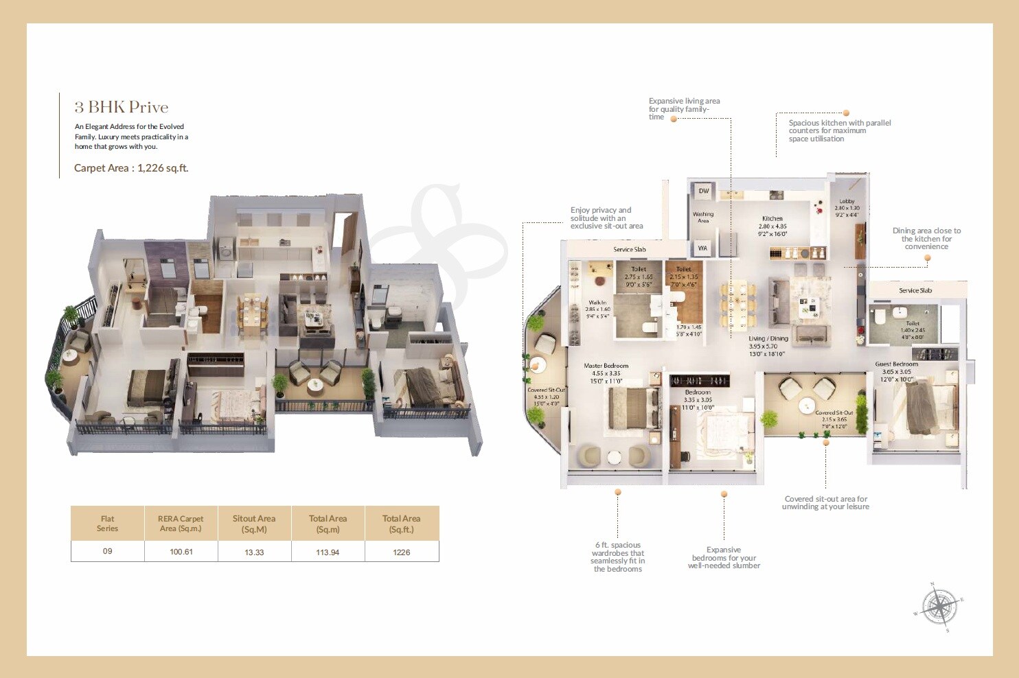 Floor plan of 3 BHK 1226 Sq. Ft. Apartment in Harivishva Skyfinia, Pune