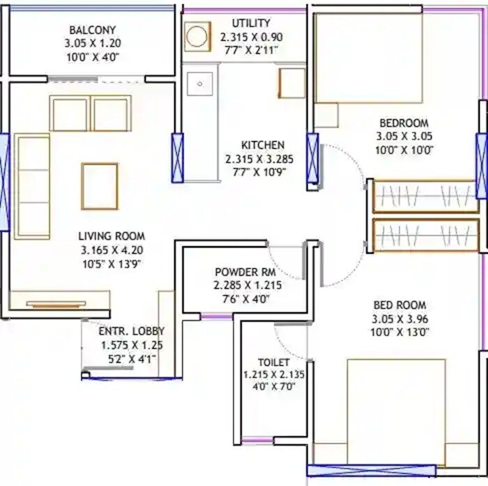 Floor plan of 2 BHK 480 Sq. Ft. Apartment in Harsh Platinum, Pune