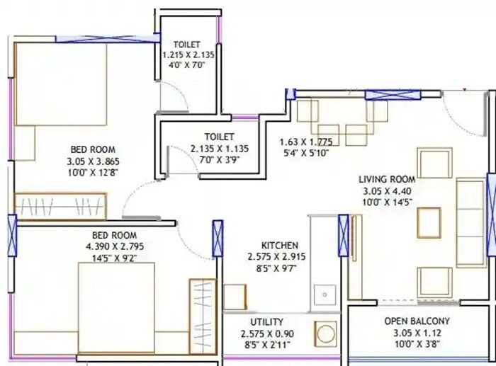 Floor plan of 2 BHK 494 Sq. Ft. Apartment in Harsh Platinum, Pune