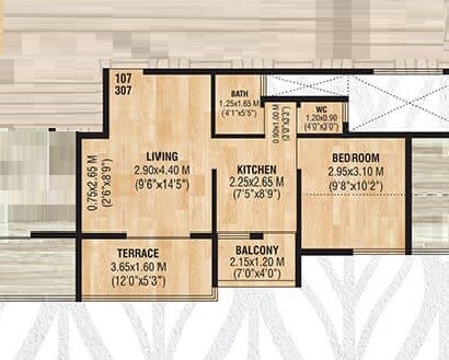 Floor plan of 1 BHK 383 Sq. Ft. Apartment in Haware Grace, Pune