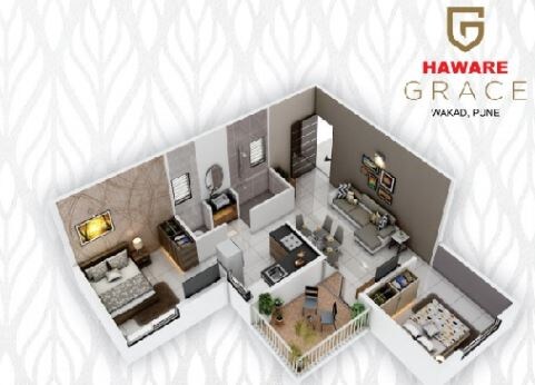 Floor plan of 2 BHK 587 Sq. Ft. Apartment in Haware Grace, Pune