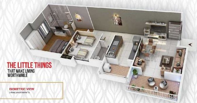 Floor plan of 2 BHK 622 Sq. Ft. Apartment in Haware Grace, Pune