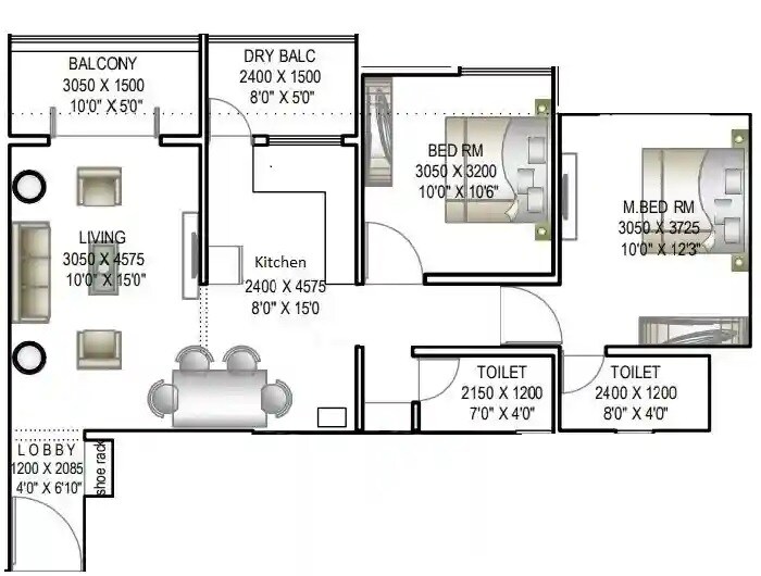 Floor plan of 2 BHK 750 Sq. Ft. Apartment in Heritage Gold, Pune