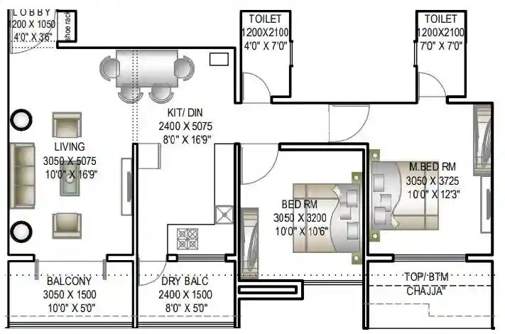 Floor plan of 2 BHK 785 Sq. Ft. Apartment in Heritage Gold, Pune