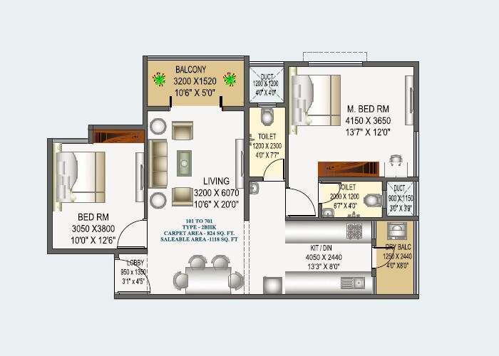 Floor plan of 2 BHK 629 Sq. Ft. Apartment in Heritage Vivanta Heights, Pune