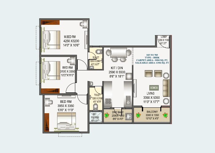 Floor plan of 3 BHK 846 Sq. Ft. Apartment in Heritage Vivanta Heights, Pune