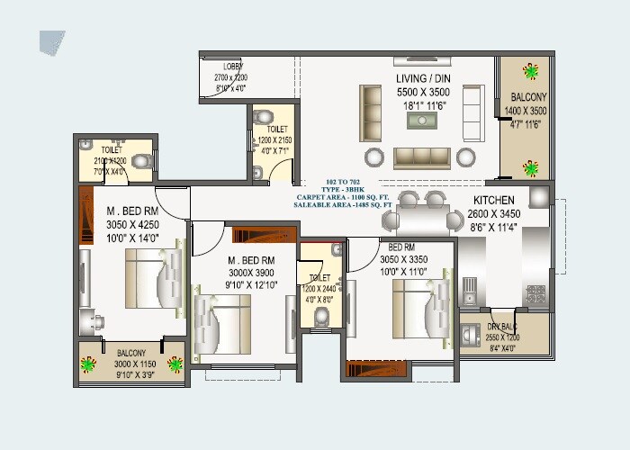 Floor plan of 3 BHK 941 Sq. Ft. Apartment in Heritage Vivanta Heights, Pune