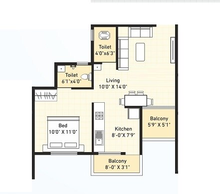 Floor plan of 1 BHK 416 Sq. Ft. Apartment in Hexa Towers, Pune