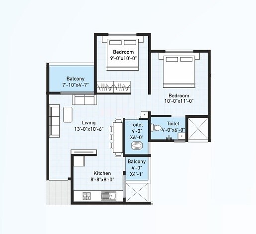 Floor plan of 2 BHK 690 Sq. Ft. Apartment in Hexa Towers, Pune