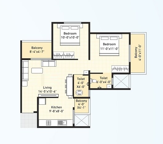 Floor plan of 2 BHK 730 Sq. Ft. Apartment in Hexa Towers, Pune