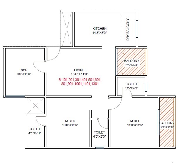 Floor plan of 3 BHK 896 Sq. Ft. Apartment in Hexa Towers, Pune