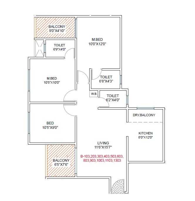 Floor plan of 3 BHK 940 Sq. Ft. Apartment in Hexa Towers, Pune