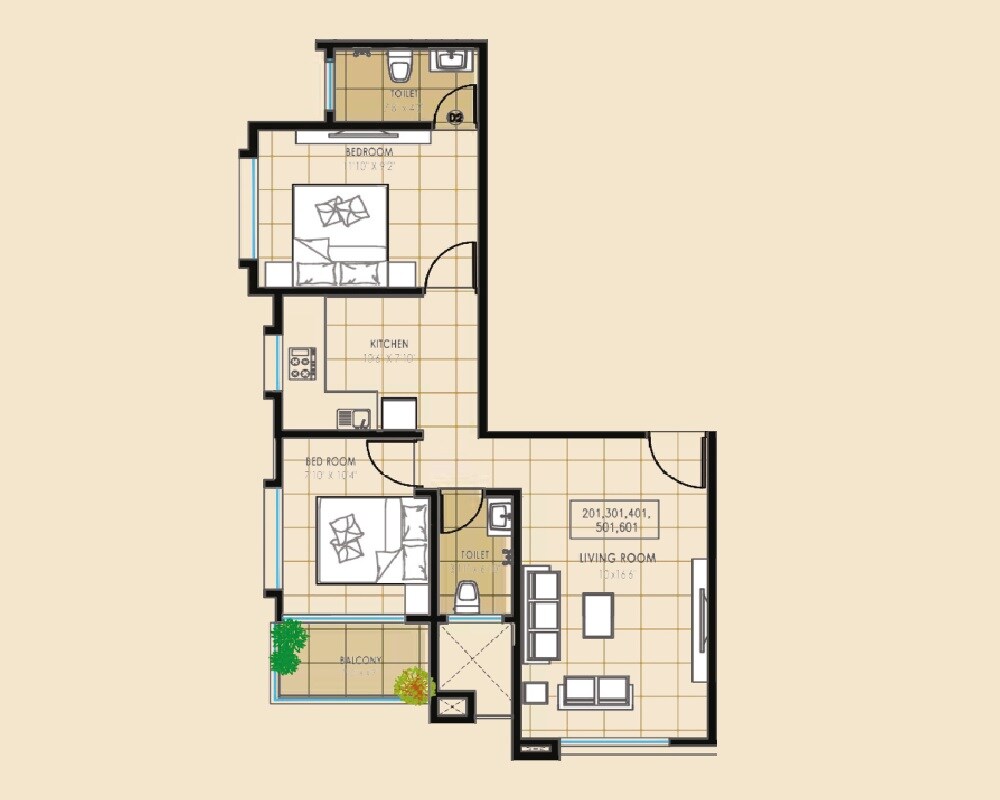 2 BHK 613 Sq. Ft. Apartment