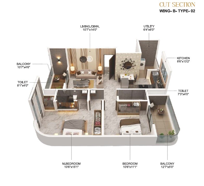 Floor plan of 2 BHK 823 Sq. Ft. Apartment in Hindavee 28 Pearl, Pune