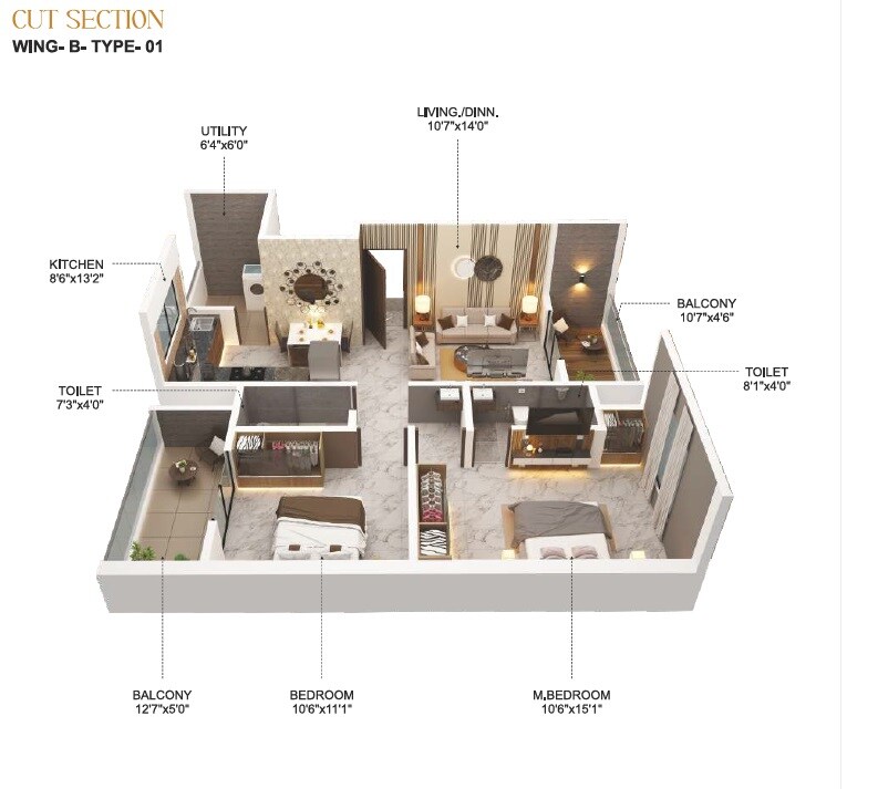 Floor plan of 2 BHK 828 Sq. Ft. Apartment in Hindavee 28 Pearl, Pune