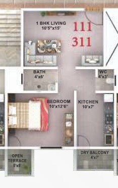 Floor plan of 1 BHK 580 Sq. Ft. Apartment in HMS Coral, Pune