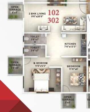 Floor plan of 2 BHK 881 Sq. Ft. Apartment in HMS Coral, Pune