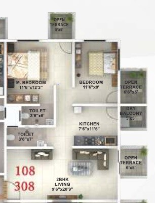 Floor plan of 2 BHK 921 Sq. Ft. Apartment in HMS Coral, Pune