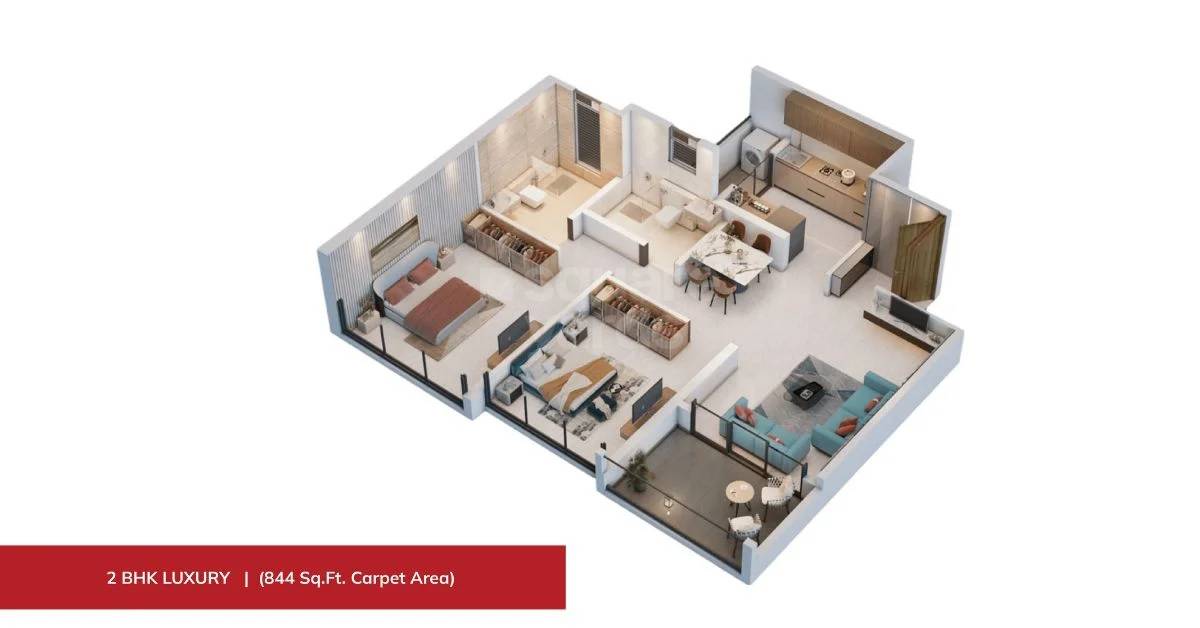 Floor plan of 2 BHK 844 Sq. Ft. Apartment in Holystico Astrana, Pune
