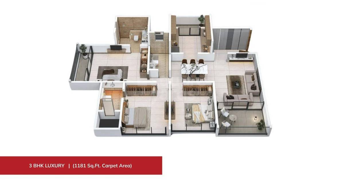 Floor plan of 3 BHK 1181 Sq. Ft. Apartment in Holystico Astrana, Pune