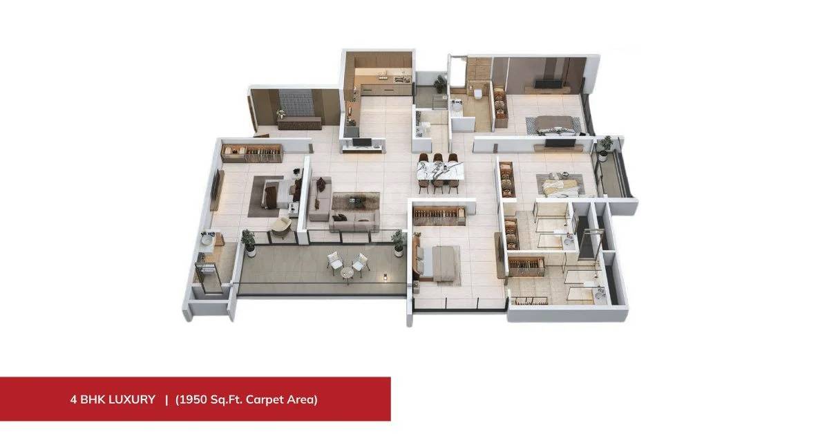 Floor plan of 4 BHK 1950 Sq. Ft. Apartment in Holystico Astrana, Pune