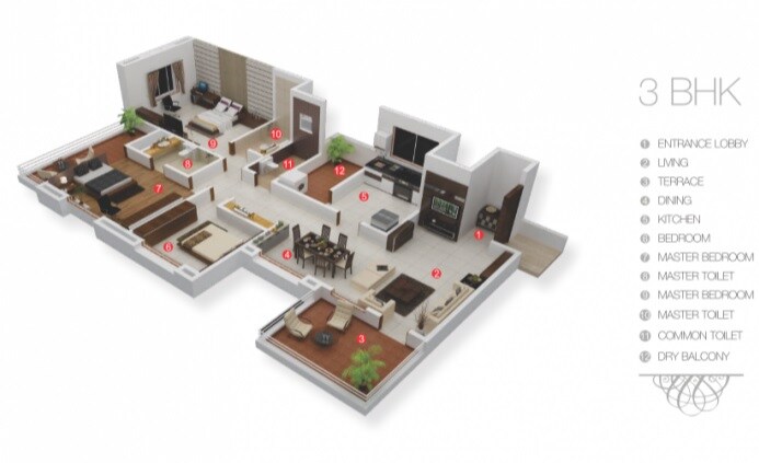 Floor plan of 3 BHK 1565 Sq. Ft. Apartment in Horizon A10, Pune