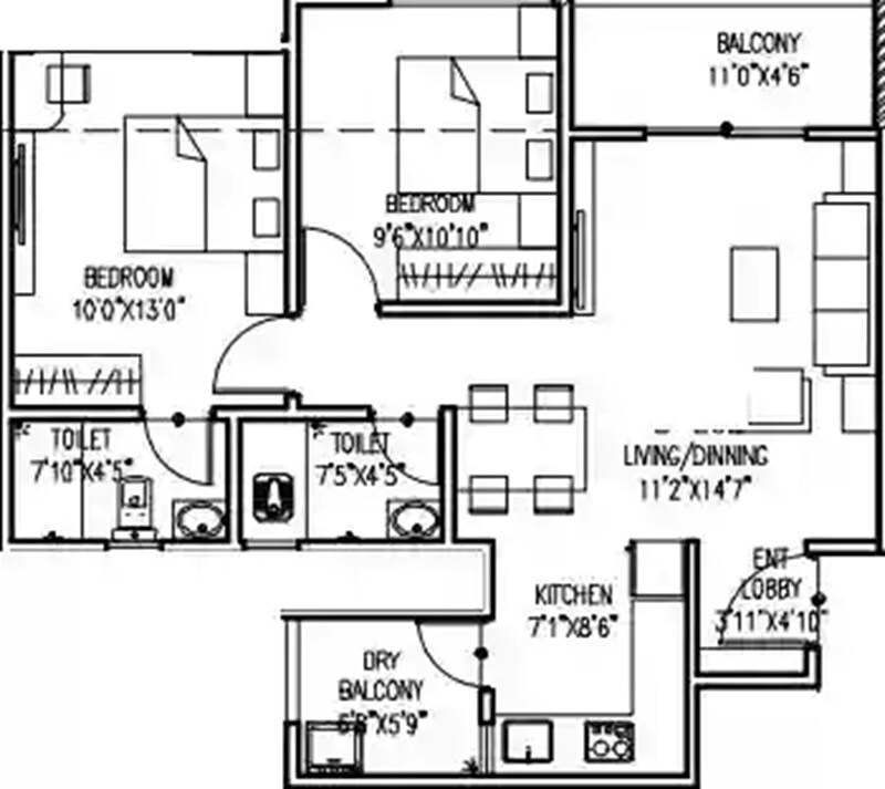 Floor plan of 2 BHK 777 Sq. Ft. Apartment in HR Shivkunj, Pune