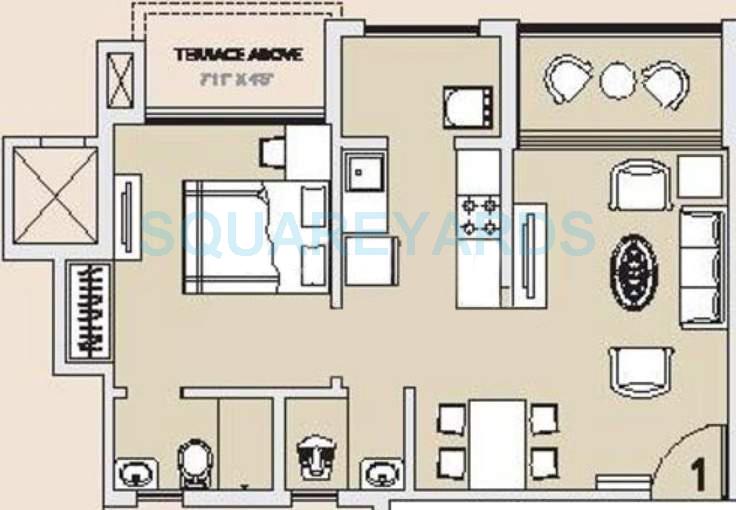 Floor plan of 1 BHK 640 Sq. Ft. Apartment in Hubtown Countrywoods, Pune