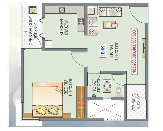 Floor plan of 1 BHK 460 Sq. Ft. Apartment in HYC Riyana, Pune