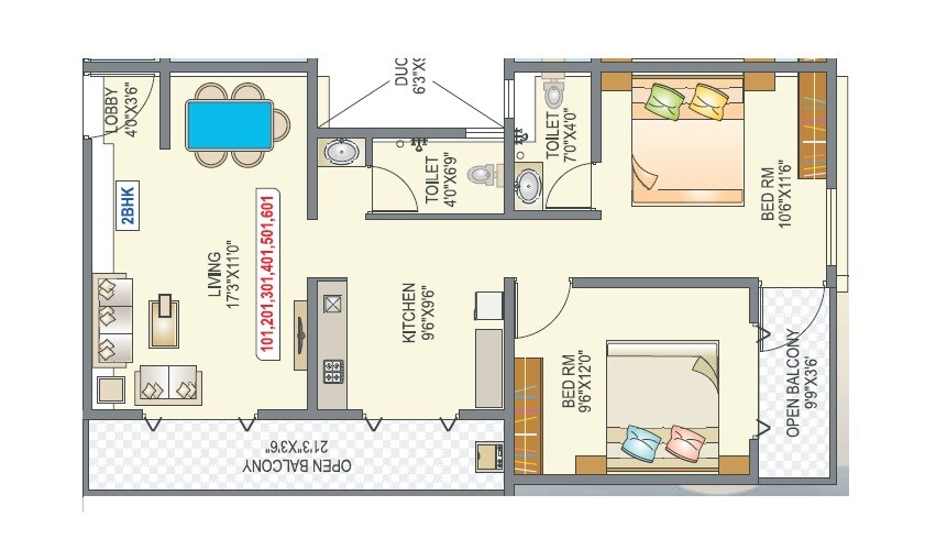 Floor plan of 2 BHK 753 Sq. Ft. Apartment in HYC Riyana, Pune
