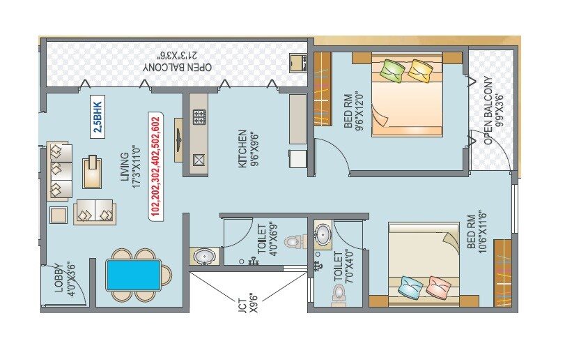 Floor plan of 2 BHK 834 Sq. Ft. Apartment in HYC Riyana, Pune