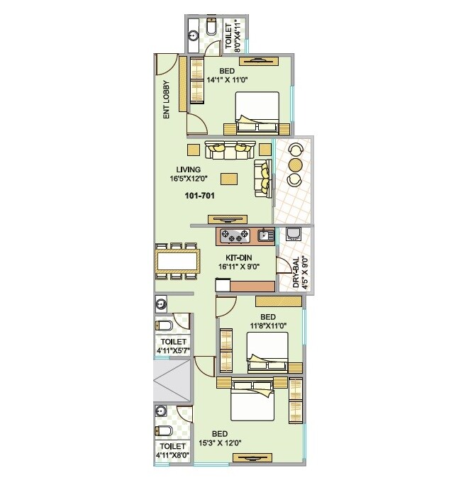 Floor plan of 3 BHK 1190 Sq. Ft. Apartment in Icon Auria, Pune