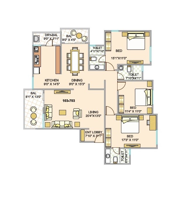Floor plan of 3 BHK 1500 Sq. Ft. Apartment in Icon Auria, Pune